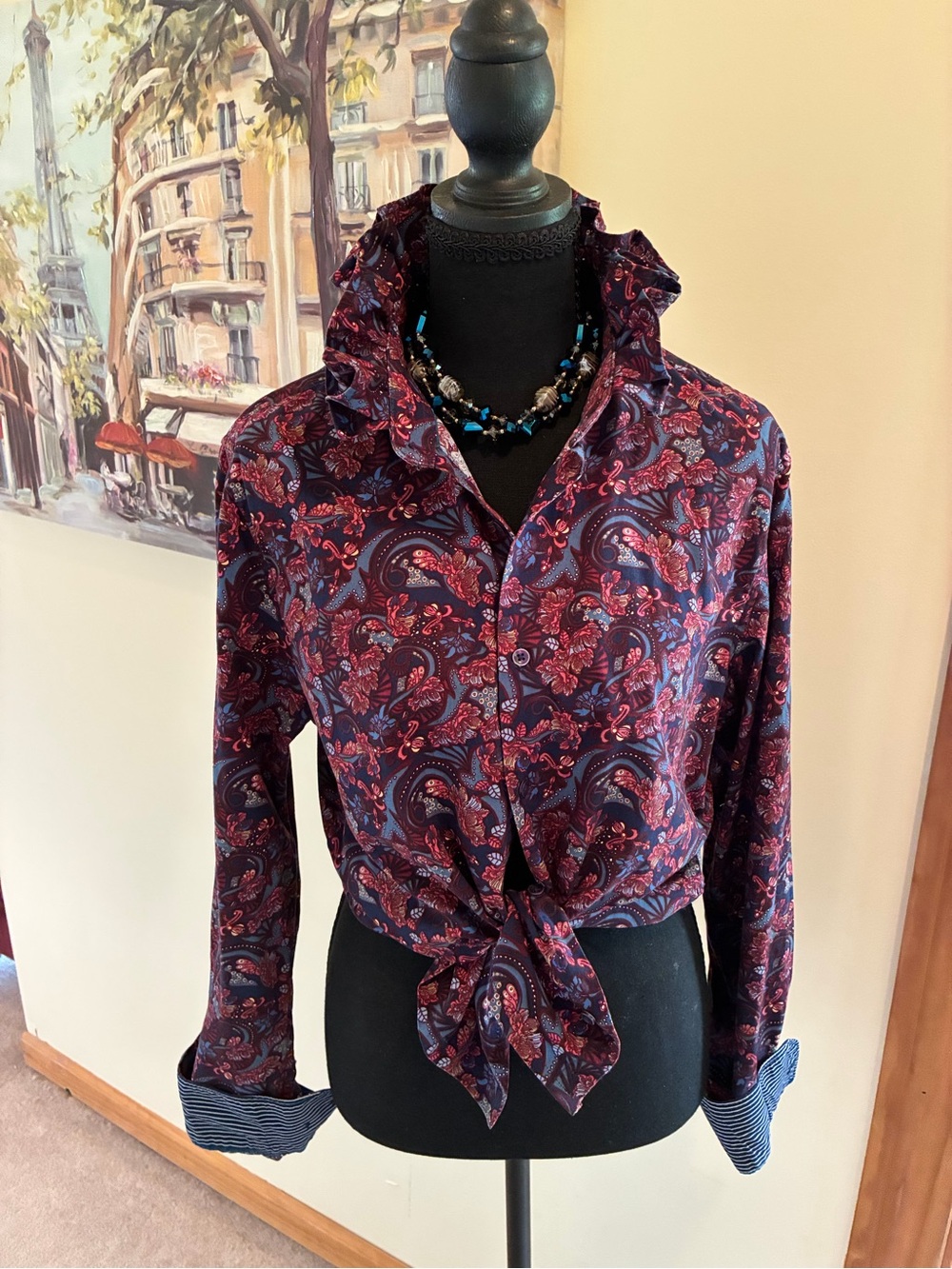 Denim & Flower Navy and Burgundy Paisley ruffle collar Blouse